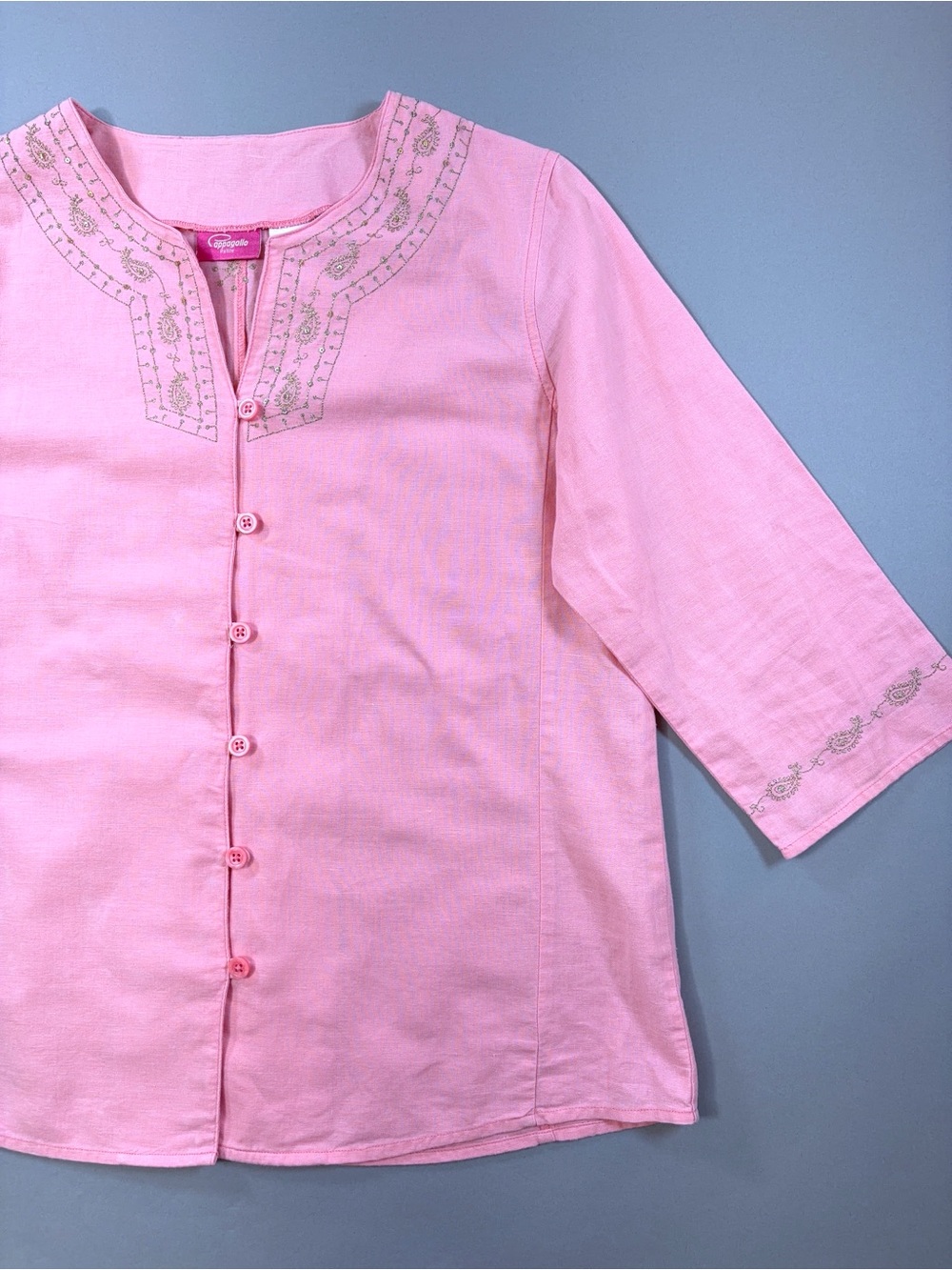 Pappagallo Petite Pink Linen Cotton Embroidered Sequined Tunic Blouse Top Boho